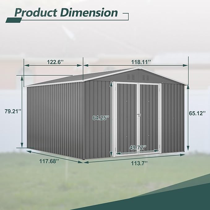 KEIKI Storage Shed 10x10 FT, Large Metal Tool Shed for Outdoor Storage, Galvanized Steel Garden Shed with Lockable Doors for Patio, Backyard, Lawn, Grey