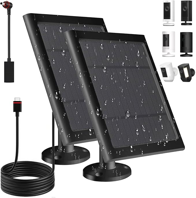 Solar Panel for Ring Camera(2nd Generation) Dustproof Waterproof 5W Solar Panel with 10FT/3M Long Cable for Stick Up & Pro Spotlight Cam Battery for Security Camera 2 Pack-BK
