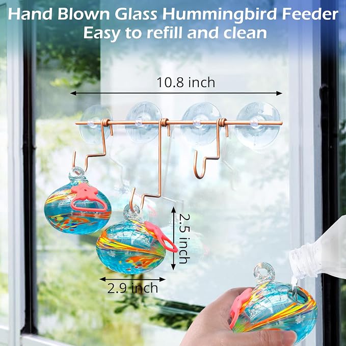 Pozfun Window Hummingbird Feeder with Suction Cups,Hand-Blown Glass Hummingbird Feeders for Outdoors Window Mounted with Metal Hook,Close Bird Watching,Finch in Garden,Yard(Blue)