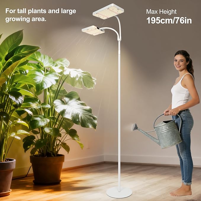 2Head Floor Lamp Grow Light, Bright and Big Coverage Grow Light with Stand for Indoor Tall Plants, Bonsai Tree, 4/8/12/16/20H Timer, 50 Watt Power Draw, NO Need Adapter, 24"-76" Height