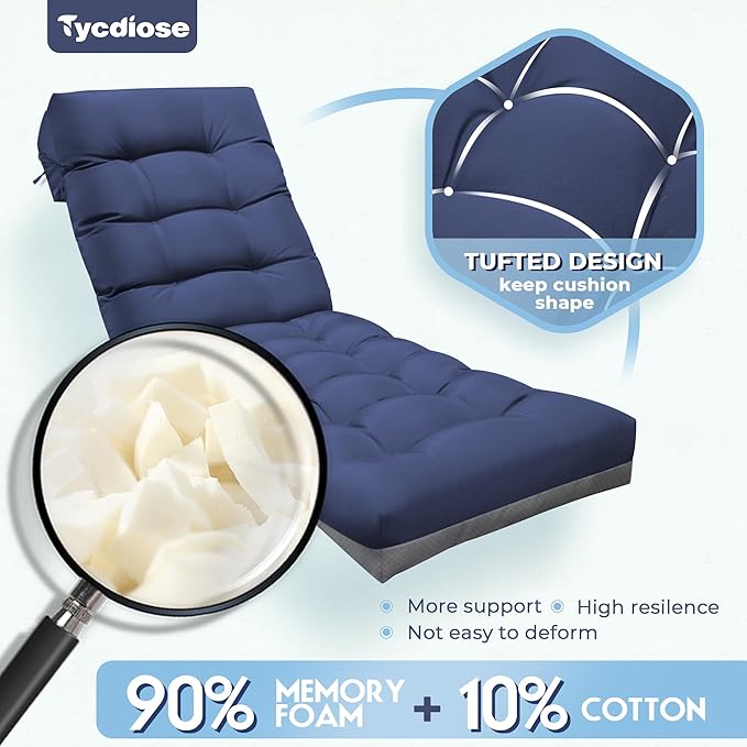 Outdoor Lounge Chair Cushion, Waterproof Chaise Lounge Cushions Replacement for Outdoor Furniture Thickened 71 x 22 x 4.7 Inches Non-Slip Patio Pool Lounge Chair Cushions with Ties (Blue)