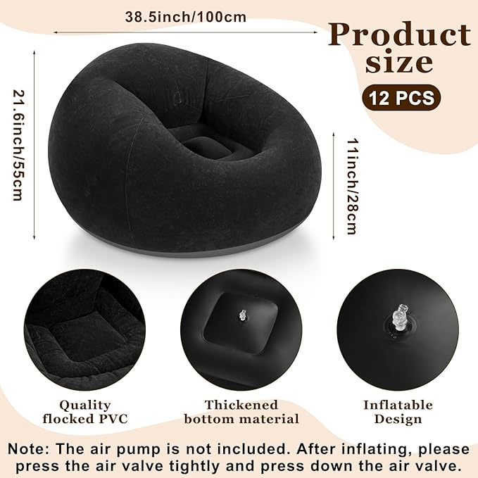 Realspring Inflatable Bean Bag Chairs Outdoor Blow up Camping Chairs Inflatable Lazy Sofa Folding Portable Bean Bag Loungers Couch for Movie Night(Black,12 Pcs)