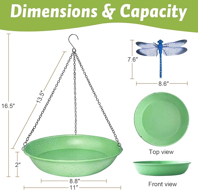 Hanging Bird Bath for Outdoors,11Inch Double Patchwork Birdbath Bowl Window Birds Feeder with 13.5 in Rust-Proof Black Chains Metal Hanging Birds Feeder for Garden Backyard Decor Green Speckled