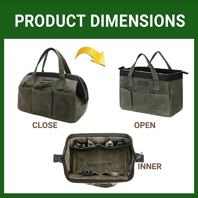 13-inch Tool Bag, Heavy Duty Wide Mouth Water-Resistant Tool Bag, Tool Tote with Handle for Tools, Wrenches, Screwdrivers (13 X 7 X 9 inch) | ArmyGreen