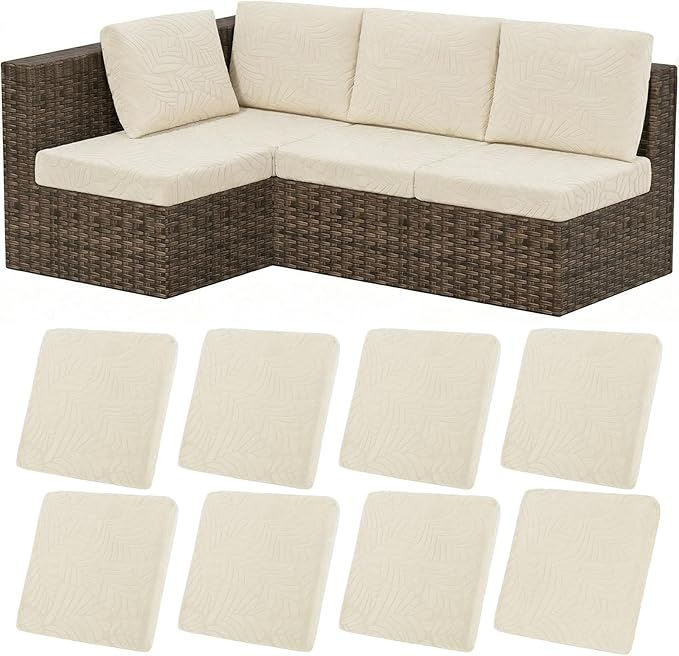 HEBE Stretch Patio Cushion Covers Set 8pcs,Waterproof Outdoor Couch Covers Replacement,Washable Reusable Seat Cushion Slipcovers for Patio Furniture Protector,Chair Cushion Cover