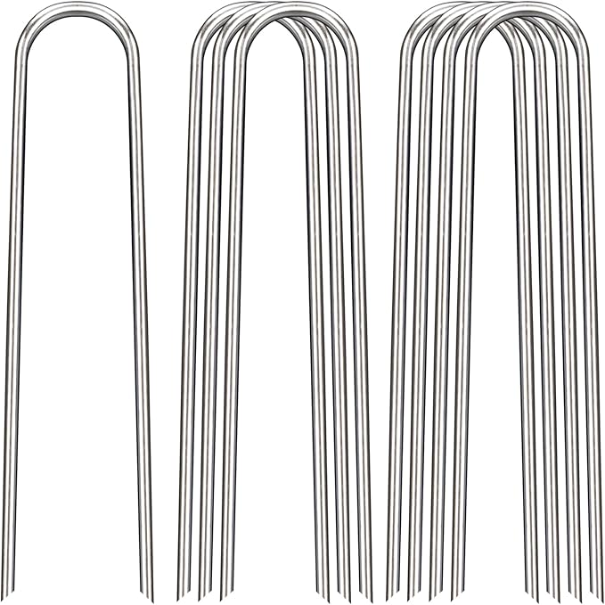 8 Inch Landscape Staples, 12/25/50/100 Pack Galvanized Garden Stakes, Heavy Duty 8 Gauge U-Shaped Ground Stakes for Weed Barrier Fabric, Irrigation Tubing, Fence, Outdoor Decorations