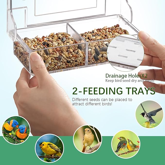 2PCS Window Bird Feeder with 4 Extra Strong Suction Cups, Clear Birdfeeders Bird House for Outdoors Window Viewing Outside, Removable Tray Birdhouse