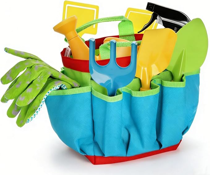 Cididu 8PCS Kids Garden Tools Set, Boys Girls Gardening Kit Tools Including Watering Can, Spray Bottle, Tote Bag, Trowel, Rake, Outdoor Garden Toy Gift for Beach