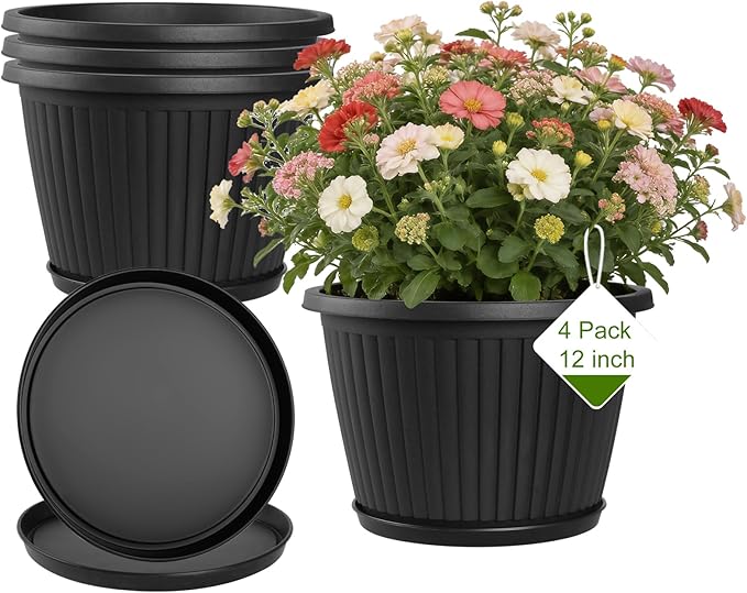 Fodetyff 12-inch-Plastic-Plant-Pots-with-Saucer, Flower Pots Containers for Indoor Outdoor Plants, Large Resin Planter with Drainage Holes and Saucers for Snake Plant Monstera