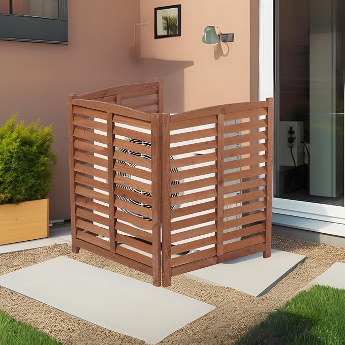 YOPTO 32" W x 38" H,3-Panel Outdoor Air Conditioner Fence,Wooden Outside Wood Privacy Screen,for Pool Equipment Enclosure,Trash Can Enclosures,Air Conditioner,Brown