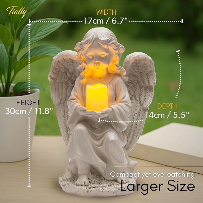 TIALLY Solar Angel Garden Statue with Glowing Candle – Large Angel Figurines with Soft Glow, Weatherproof Outdoor Statues for Memorial Decor, Yard, Lawn or Cemetery Use, Angels Gifts for Women