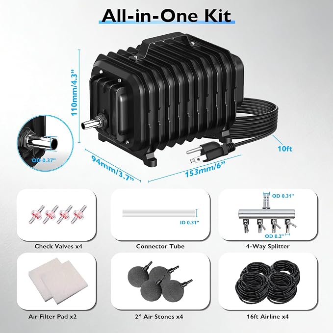 Pond Aerators for Outdoor Ponds, Air Pump for Pond up to 2500 Gallons, Complete Koi Fish Pond Aeration Kit, Oxygenation Bubbler Pump with Air Stones Airline Tubing Check Valves
