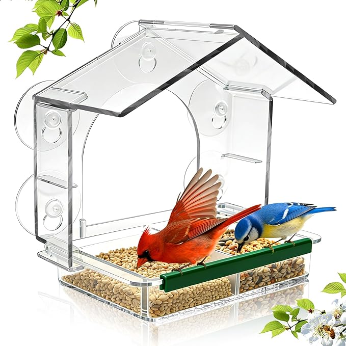 Window Bird Feeders with 5 Strong Suction Cups, Clear Bird Feeder for Window Acrylic, Suction Cup Bird Feeder, Garden Yard Gifts for Women Mom Bird Lovers, Elderly Kids