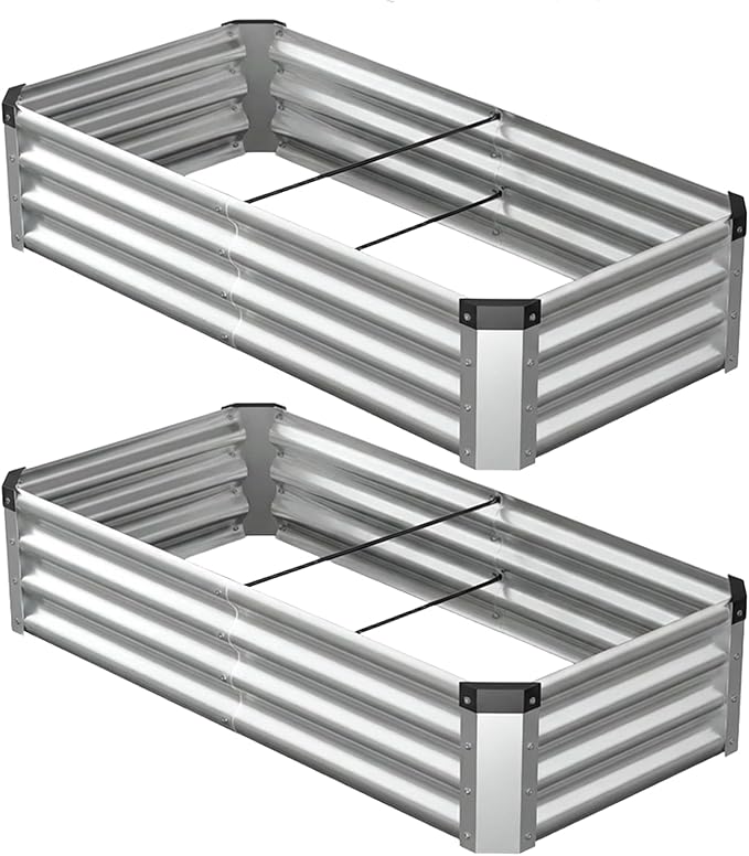 4x2x1 Ft 2Packs Metal Raised Garden Bed, Rectangular Outdoor, Garden Bed Planter Box for Vegetables, Flowers and Herbs, Color Coated Steel Raised Planter Bed Kit (Silver)