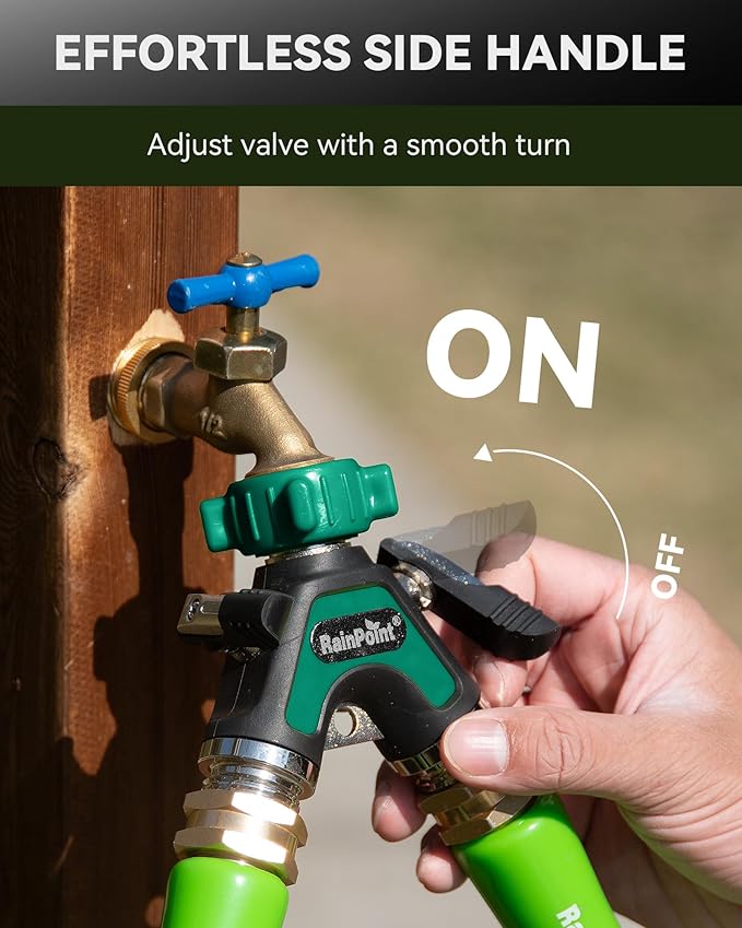 RAINPOINT Garden Hose Splitter 2 Way, All Metal Heavy Duty Water Hose Y Splitter With 2.05" Extra Long Side Handle & Shut Off Valves, 3/4 Inch GHT Thread Connector For Spigot Faucet (Dark Green)