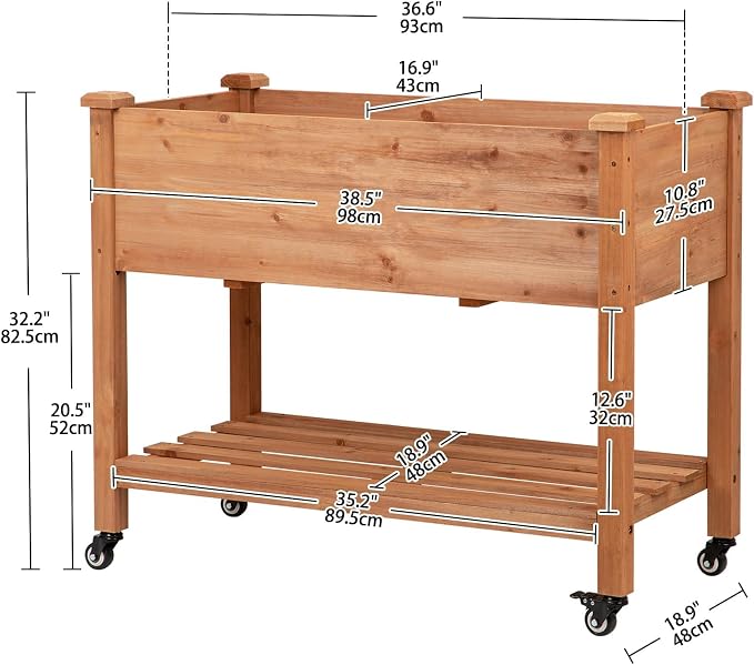 Raised Garden Bed with Lockable Wheels, 40x24x32 inch Elevated Wood Planter with Storage Shelf Protective Liner for Vegetable Flower Herb Outdoor Balcony Patio Backyard, Brown