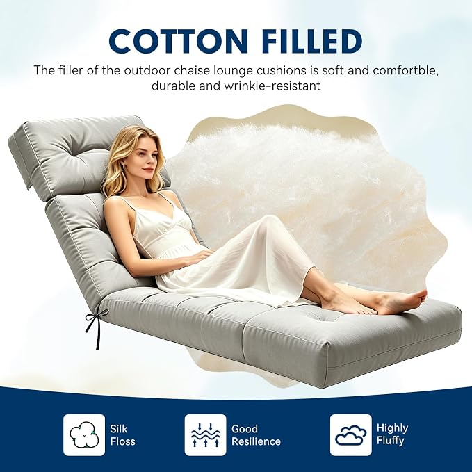 Non-Slip Outdoor Chaise Lounge Chair Cushion, Waterproof 74.4 x 22 x 4.7 Inches Lounge Chair Cushions for Outdoor Patio Furniture with Ties, Pool Chaise Lounge Cushions Replacement, Grey