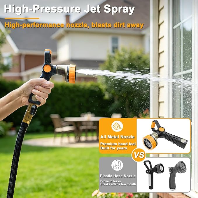 FANHAO Fireman-Style Garden Hose Nozzle, Heavy-Duty Metal Water Hose Sprayer with Lever Control & Thumb Control, 7 Spray Patterns, High-Pressure Water Nozzle for Lawn Watering, Car & Pet Washing