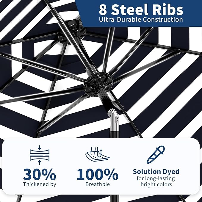Garvee 9 ft Patio Umbrella - 8 Sturdy Ribs Outdoor Table Umbrella with Crank Lift & Push Button Tilt - Market Umbrella for Pool, Deck, Yard, Garden -Navy blue & White Stripe