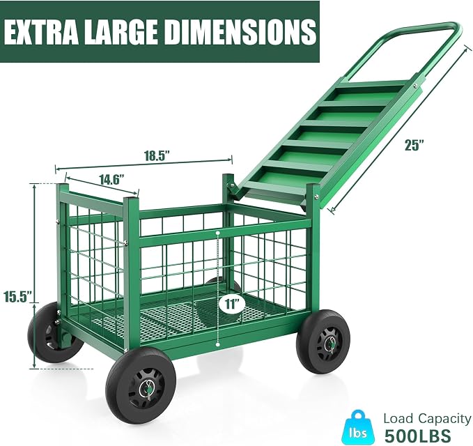 Extra-Large Rolling Garden Work Seat with Wheels, Metal Rolling Gardenning Cart, 500 lb Steel Frame, Large Storage Basket Garden Rolling Stools with Wheels for Seniors, Patio, Green