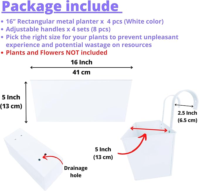 LaLaGreen Rail Planter (16 Inch, 4 Pack) Rectangular Metal Metal Hanging Flower Pots Railing Fence Balcony Gardening for Apartment Patio Planters Garden Style Iron Outdoor Deck Decoration Porch Decor