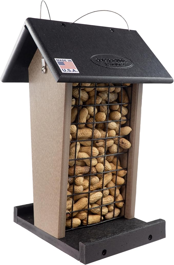 DutchCrafters Plastic Poly Hanging Whole Peanut Bird Feeder for Large Birds, Woodpeckers, Blue Jays for Outdoor, Garden, Yard - USA Amish Made (Black & Weatherwood)