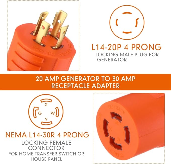 Kanayu NEMA L14-20P to L14-30R 20Amp to 30Amp Generator Adapter4 Prong Locking Generator 20Amp Male Plug to 30Amp Female Receptacle Adapter(Orange)
