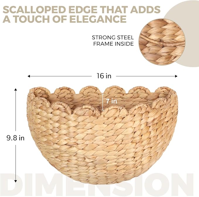 Handwoven Water Hyacinth Scalloped Hanging Basket, Wall Basket Hanging for Flowers Front Door Entryway, Living Room Scalloped Décor Wall Hanging Baskets 16" x 10" x 7", Boho Hanging Storage (Natural)