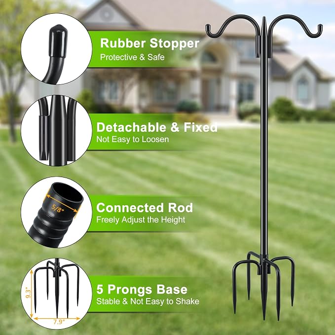 Gtongoko Bird Feeder Pole for Outdoors Heavy Duty, 63 Inch Double Shepherds Hook with 5-Prong Stable Base, 5/8 Inch Thick Hummingbird Feeder Stand for Hanging Plants, Lanterns, 1 Pack