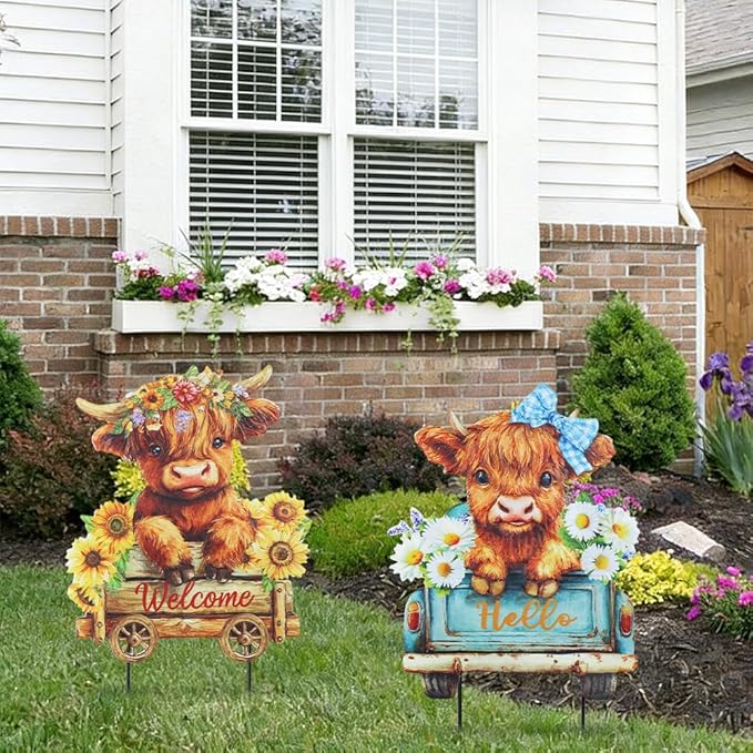 hogardeck Garden Decor for Outside, Set of 2 Metal Highland Cow Decorative Garden Stakes with Sunflower for Yard Decor, Welcome Sign Yard Art for Outdoor Lawn Porch Backyard Spring Decorations