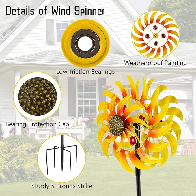 Metal Sunflower Wind Spinner Outdoor,13Inch Large Double Windmill Pinwheels with Stake,Kinetic Wind Sculpture Outdoor for Yard, Garden, Lawn Decorations