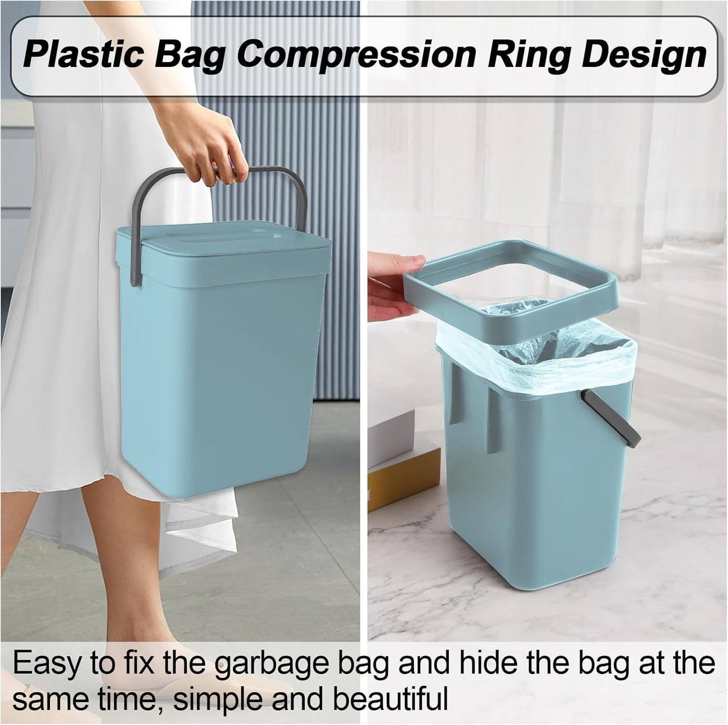 Compost Bin Kitchen, for use on Countertops or Under Sinks, Hanging Trash Can with Lid, for Cupboard/Bathroom/Bedroom/Office/Camping, Mountable Indoor Compost Bucket(Blue 1.3 Gallon/5L)