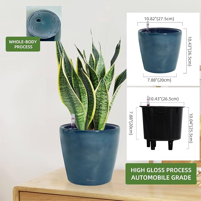 Dexceder 11x10 Self Watering Planter (Grayish Green Gradient) | Inner Pot Design, Thickened Table Flower Plant Pot with Water Level Indicator Indoor Outdoor
