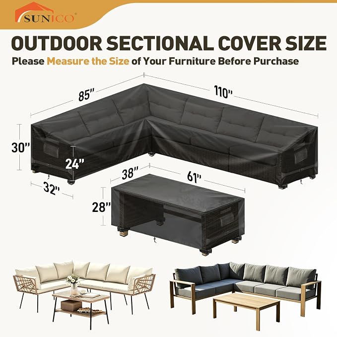 Outdoor L-Shaped Sectional Cover and Patio Table Cover Waterproof, 2PCS 420D Patio Furniture Covers, Fit 6-Seater Outdoor Sectional Furniture Couch and Tables, Triple Windproof and Anti-UV, Black