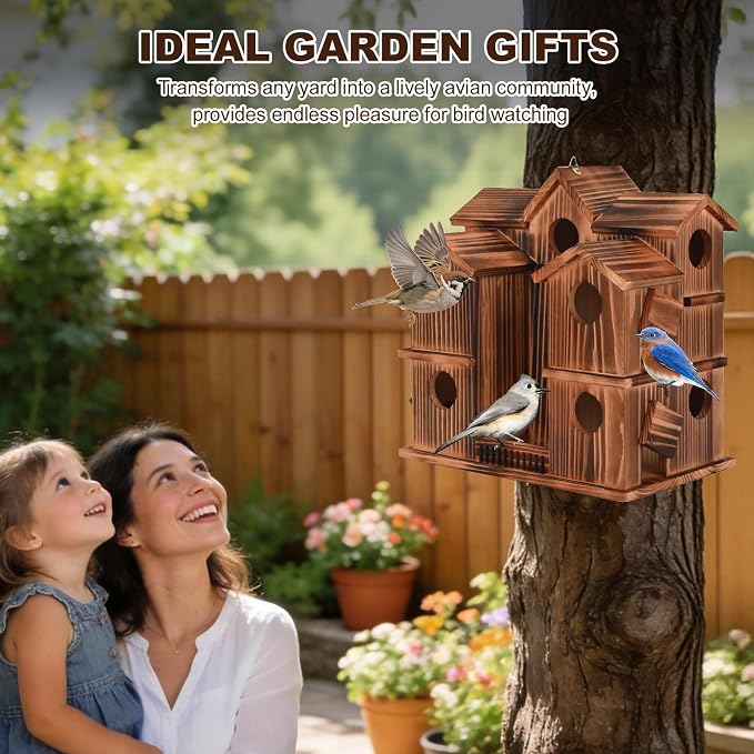 Wooden Bird Houses for Outside, 10 Rooms Bird House with 1.57" Entrance Holes Large Bird Nesting Box for Bluebird Wren Chickadee Cardinals, Hanging Birdhouse for Outdoors with Individual Cleaning Door