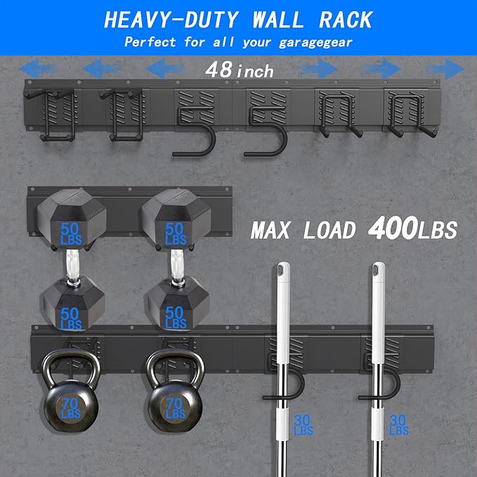 CBWLWJ Garage Tool Organizer Wall Mount, 48 inch Garage Wall Organizer, 400lbs Sturdy Garden Tool Organizer with 6 Adjustable Hooks, for Yard, Shed, Basement, Workshop(Black)