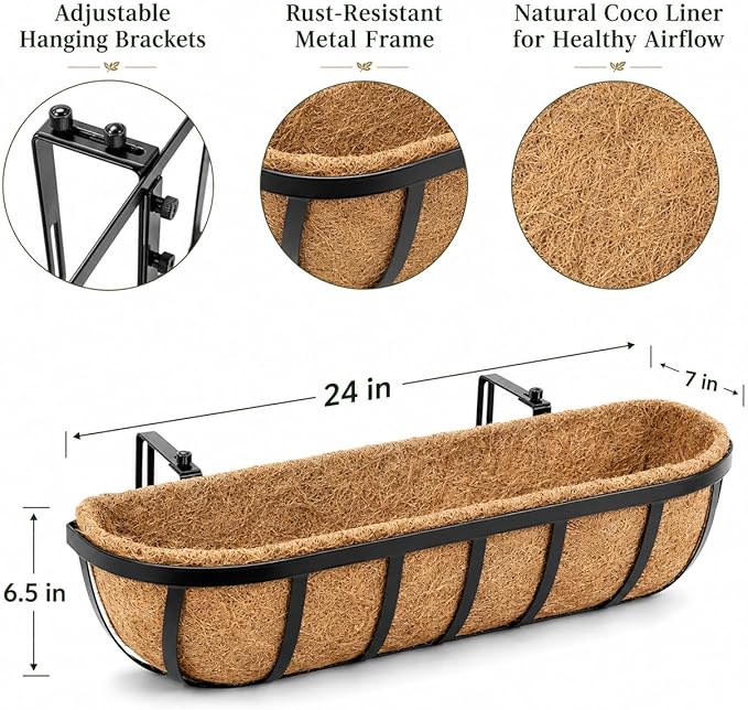 Y&M 24 Inch Railing Planter Boxes 2Pack, 2-in-1 Window Box and Deck Railing Planters with Coco Liners, Heavy Duty Metal Flower Troughs with Adjustable Brackets for Balcony, Patio and Garden