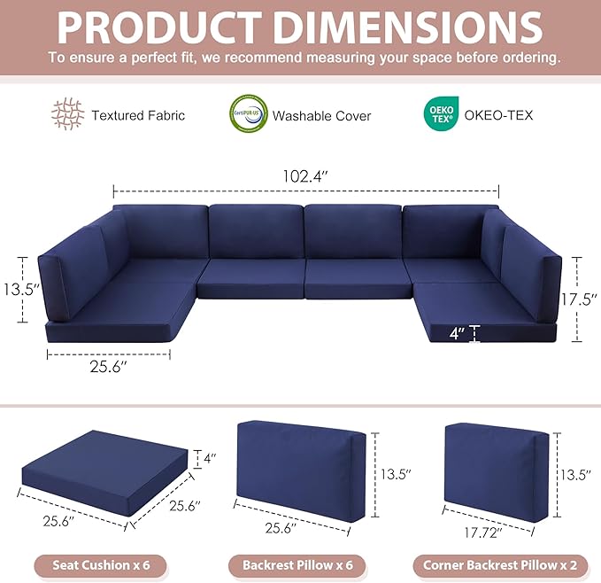 14-Piece Patio Furniture Cushions Set, Replacement Outdoor Cushions for 6-Seat Patio Sectional, Waterproof & Fade Resistant Deep Seat Cushion for Outdoor Sofa, Navy Blue