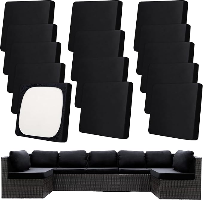 14Pcs Patio Cushion Covers,Outdoor Cushions Covers,Stretch Cushion Covers Replacement, Washable and Reusable Furniture Protectors(Black)
