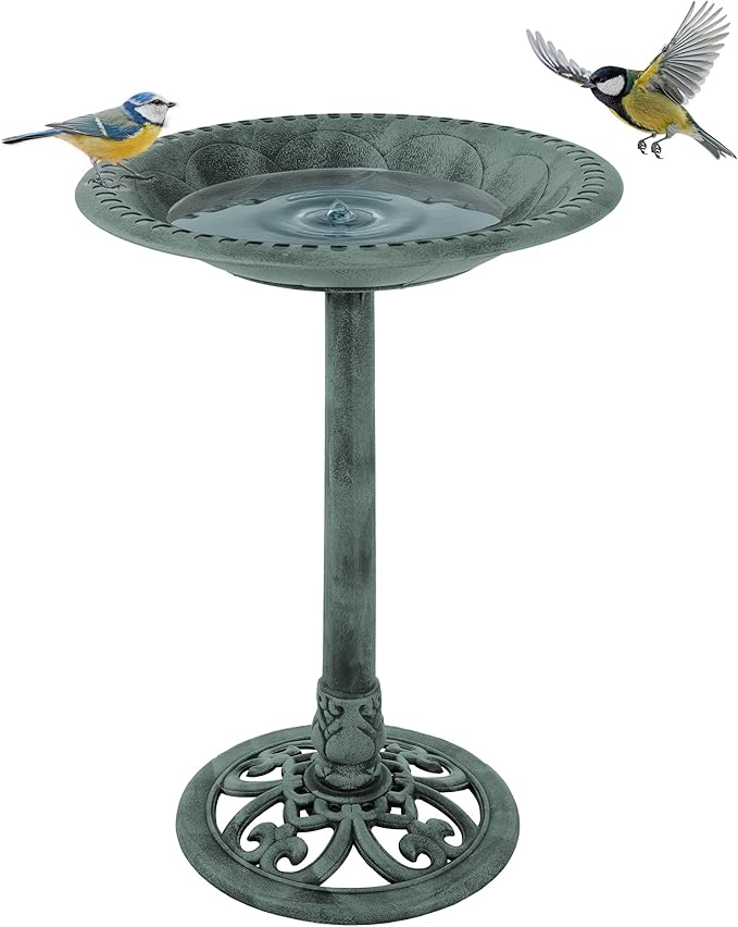 Pure Garden 50-LG1072 Antique Bird Bath-Weather Resistant Resin Birdbath with Vintage Scroll Design, 3 Ground Stakes for Garden,Outdoor Decor (Patina Green)