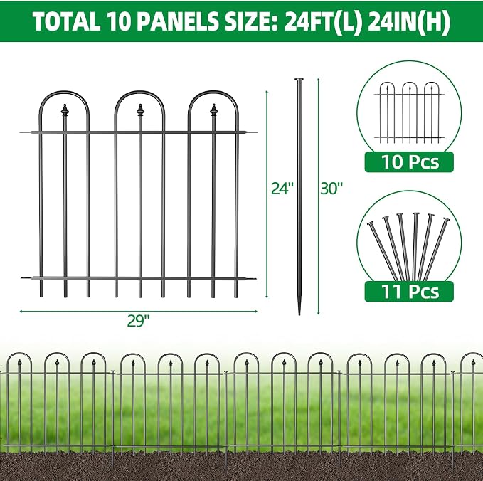 Garden Fence Animal Barrier - 10 Panels, 24 in(H) x 24 ft(L) No Dig Garden Fence, Arched Decorative Garden Fence Border with Ground Stakes, Rustproof Metal Fencing for Yard Patio Dog Rabbit