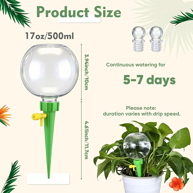4 Pcs 17oz Plant Self Watering Globes for Indoor Outdoor Adjustable Plants Plastic Water Bulbs Top Fill Plant Self Watering Planter Insert Devices System Water Spikes Stakes