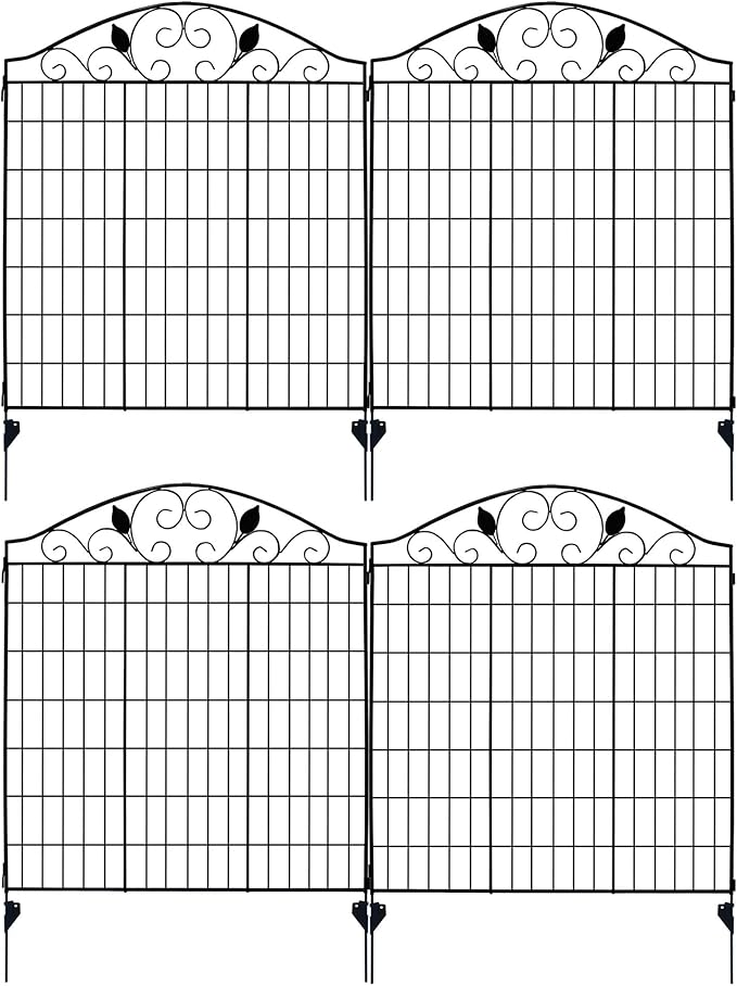 4 Pack 44" H 36" W (Linear Length 12 feet) Black Coated Heavy Duty Steel Decorative Garden Fence Each Panel with 2 Leaves, Heavy Duty Metal Patio Flower Animal Barrier Section Wire Border Fencing