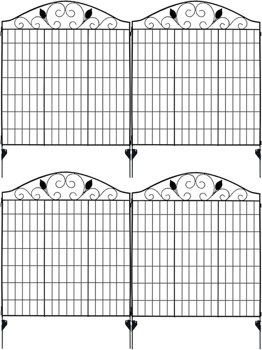 4 Pack 44" H 36" W (Linear Length 12 feet) Black Coated Heavy Duty Steel Decorative Garden Fence Each Panel with 2 Leaves, Heavy Duty Metal Patio Flower Animal Barrier Section Wire Border Fencing