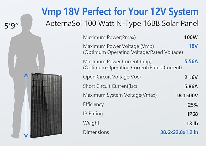 Solar Panels 100W 18V, Solar Panel for RV, N-Type 25% High Efficiency PV Module Solar Charger 16BB Waterproof IP68 for 12V Battery Shed Cabin Van Camp Boat Home Farm Off-Grid (38.6"x22.8", Single)