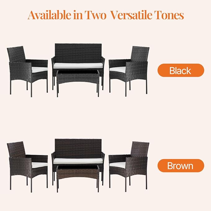Sweetcrispy 4-Piece Patio Furniture Set, Weather-Resistant PE Rattan Wicker Outdoor Conversation Set with Tempered Glass Tabletop, Durable Outdoor Seating for Garden, Backyard, Porch, Deck, Black