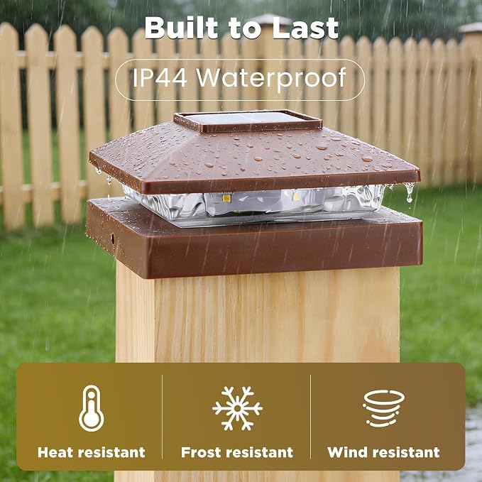 Solar Post Cap Lights Outdoor 6pack, Brown Waterproof Solar Powered Deck Fence Post Lights Fit 4x4 Wood/Vinyl Posts, Bright Warm White Solar Post Lights Decorate Deck, Patio, Porch, Fence (6pack)