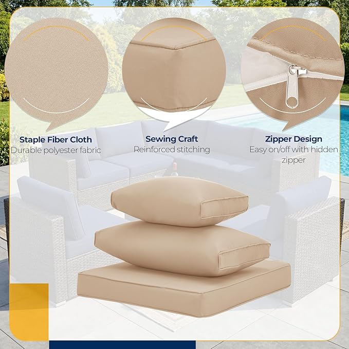 HOMREST 14-Piece Outdoor Cushion Covers Set for Patio Furniture, Reversible Double-Sided Sofa Slipcovers with Zipper, Water-Repellent Replacement Covers Only (Khaki, 25.6×25.6×3.9in)