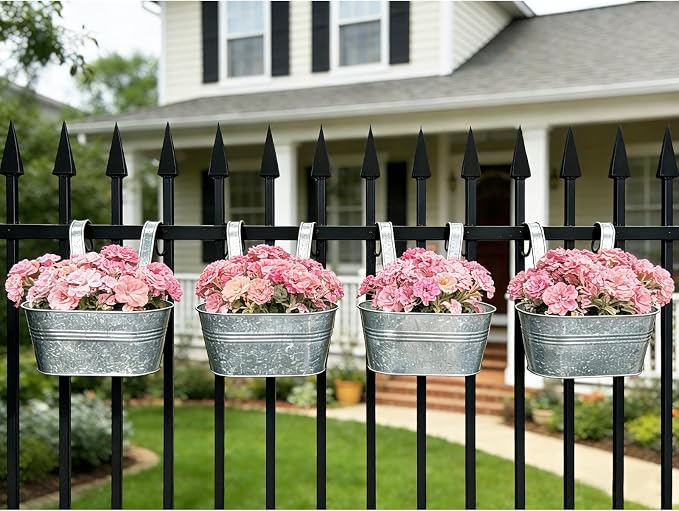 Balcony Galvanized Hanging Planters Railing Flower Pots, Outdoor Metal Fence Planter Pot with Detachable Hooks Drain Hole for Garden Patio Yard Decor (10 Inch, 8Pcs)