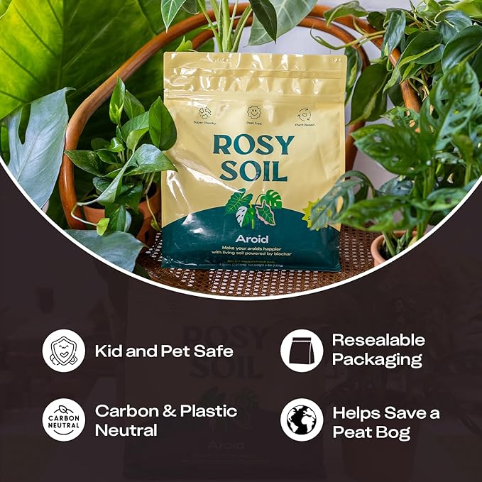 Rosy Soil Aroid Soil Potting Mix - Peat-Free, Microbially Active Biochar Powered Soil for Aroids - Superior Aeration & Drainage for Aroid Plants - Ideal for Indoor Gardening - 4 Quarts